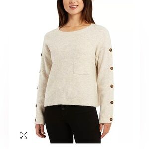 BCX cream medium sweater with brown‎ button trim